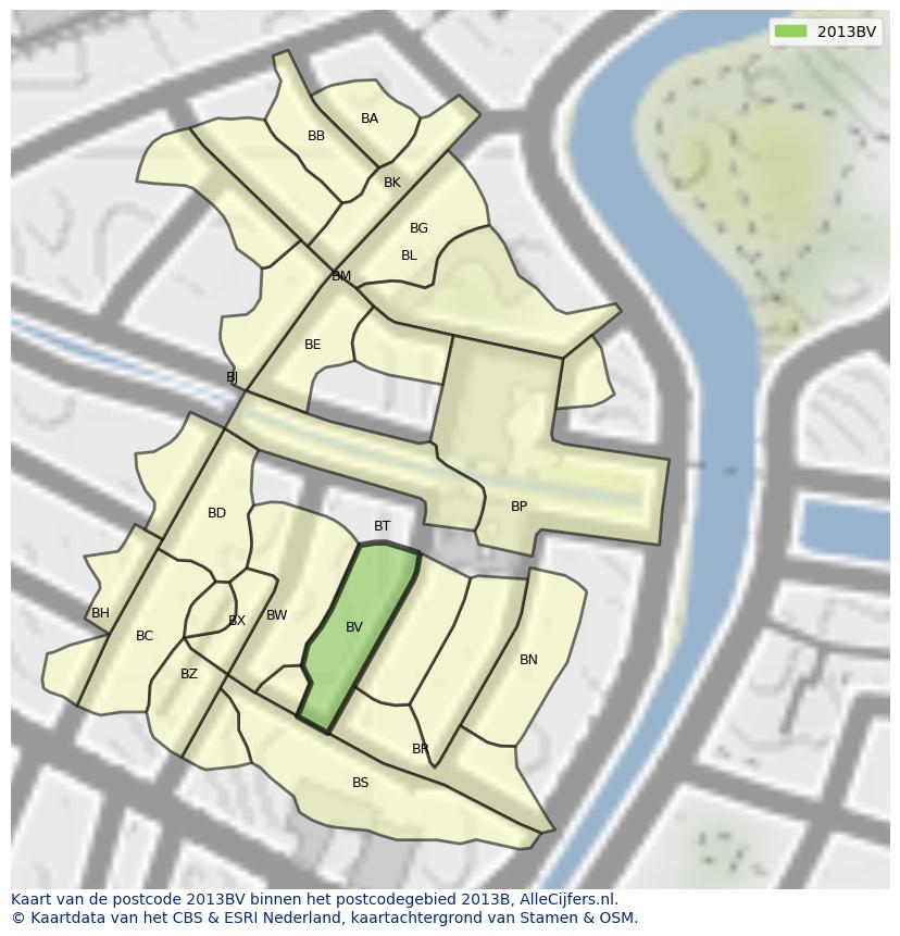 Afbeelding van het postcodegebied 2013 BV op de kaart.