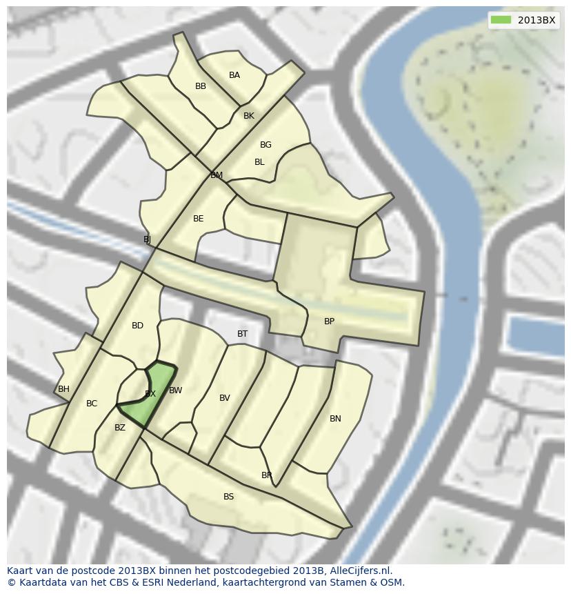 Afbeelding van het postcodegebied 2013 BX op de kaart.