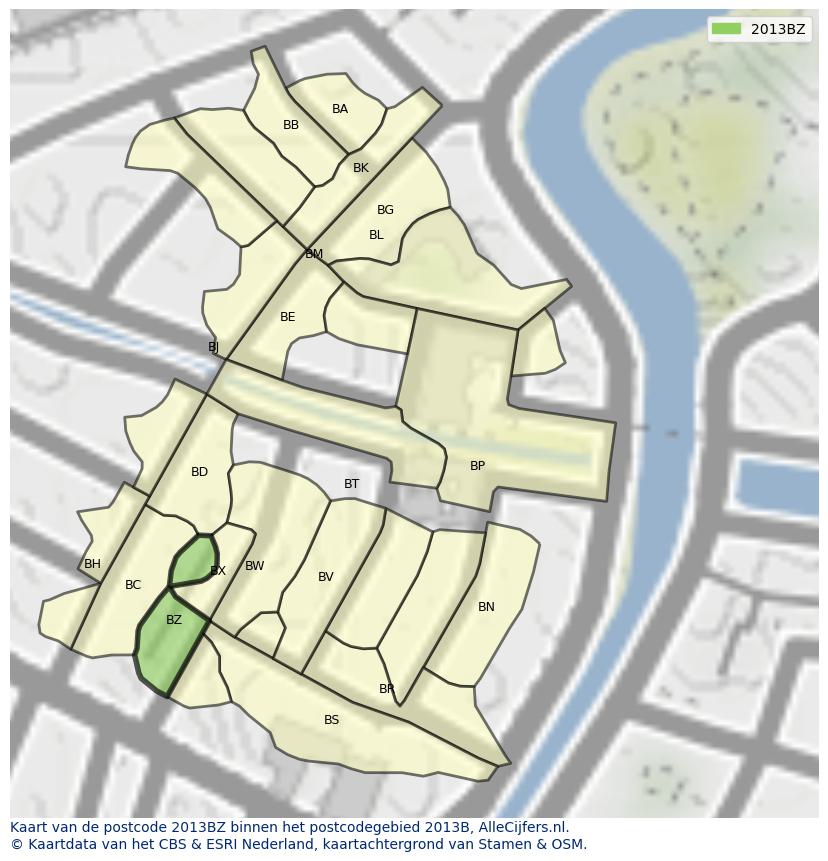 Afbeelding van het postcodegebied 2013 BZ op de kaart.