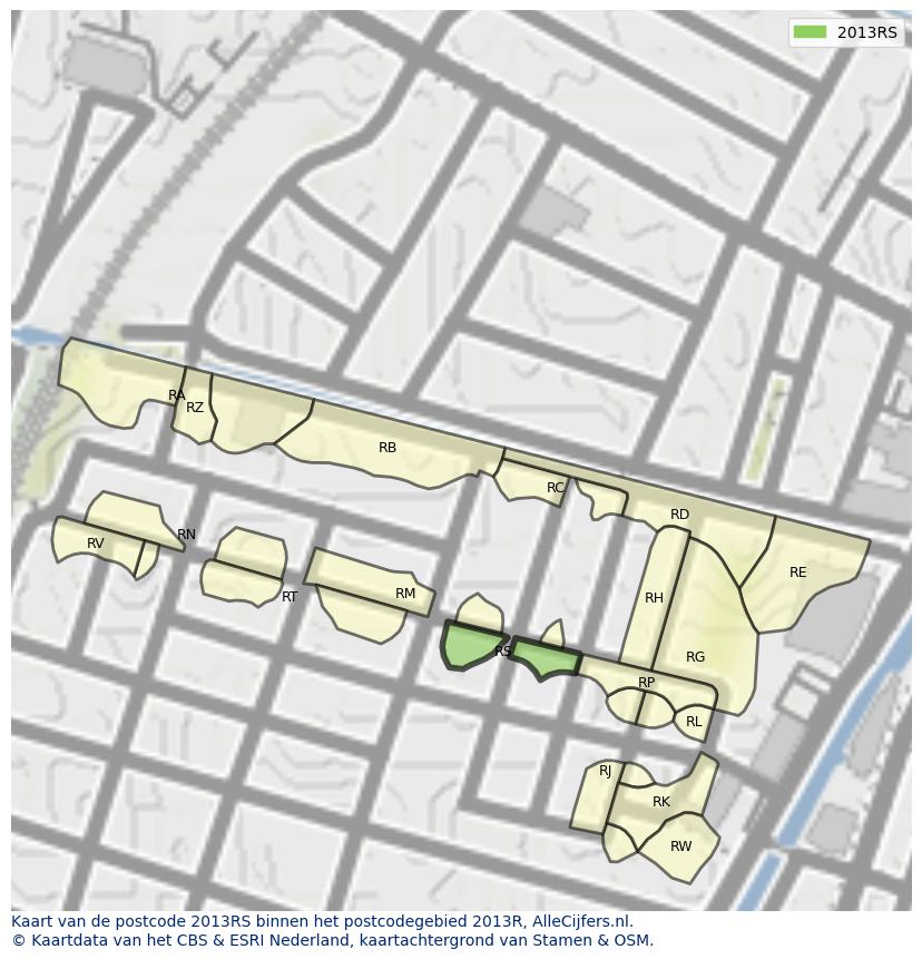 Afbeelding van het postcodegebied 2013 RS op de kaart.