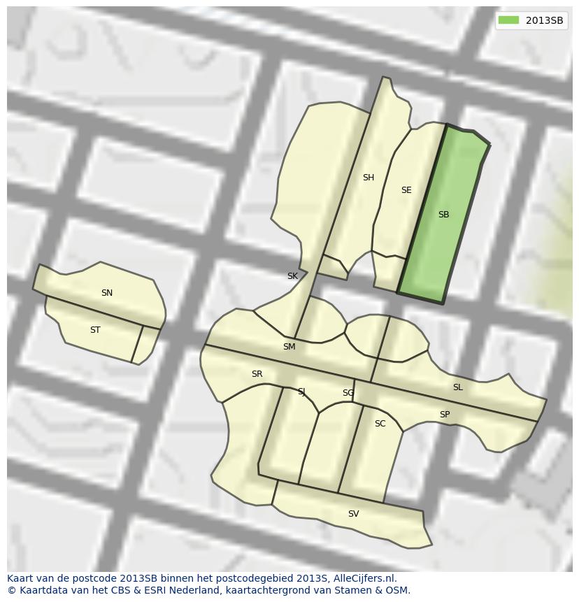 Afbeelding van het postcodegebied 2013 SB op de kaart.