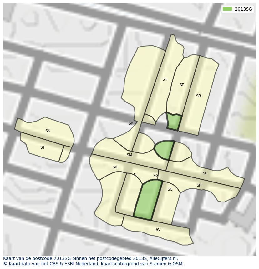 Afbeelding van het postcodegebied 2013 SG op de kaart.