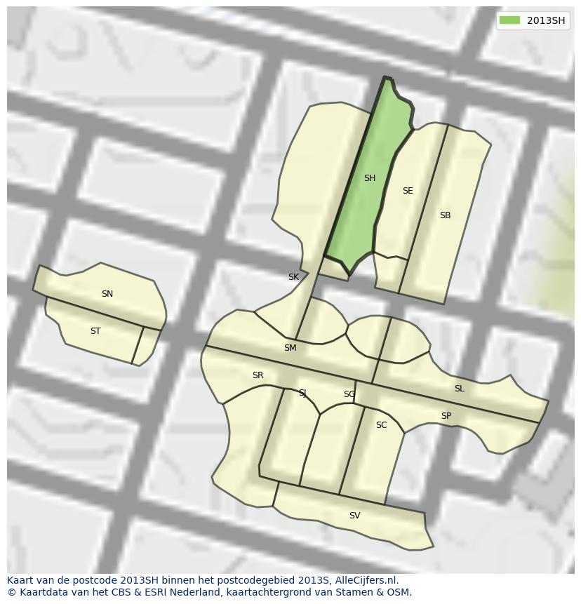 Afbeelding van het postcodegebied 2013 SH op de kaart.