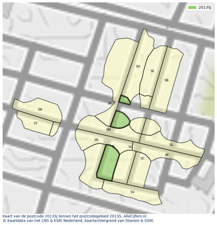 Afbeelding van het postcodegebied 2013 SJ op de kaart.