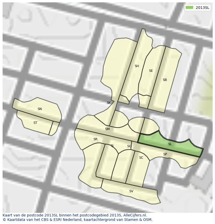 Afbeelding van het postcodegebied 2013 SL op de kaart.