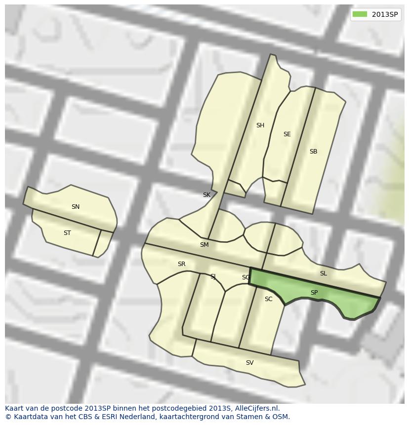 Afbeelding van het postcodegebied 2013 SP op de kaart.