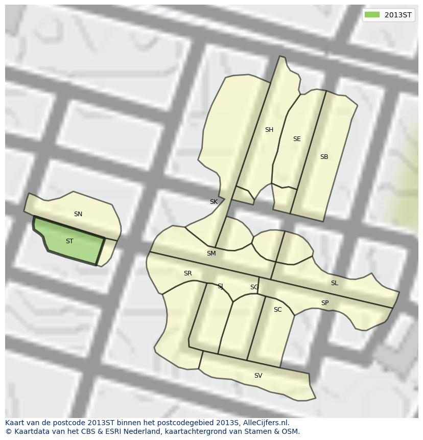 Afbeelding van het postcodegebied 2013 ST op de kaart.