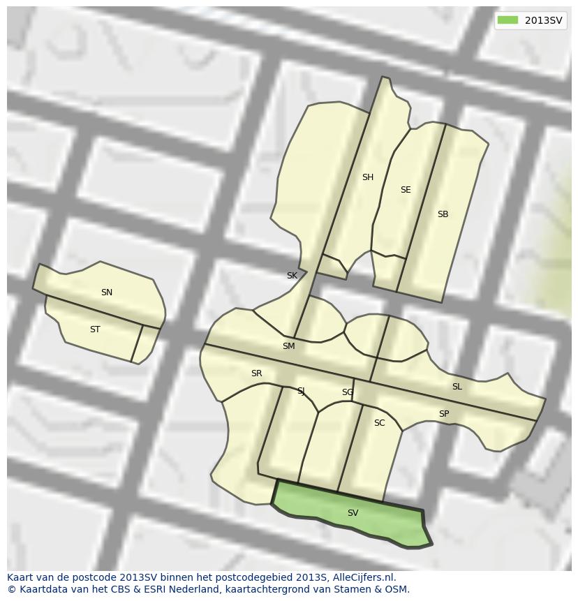 Afbeelding van het postcodegebied 2013 SV op de kaart.