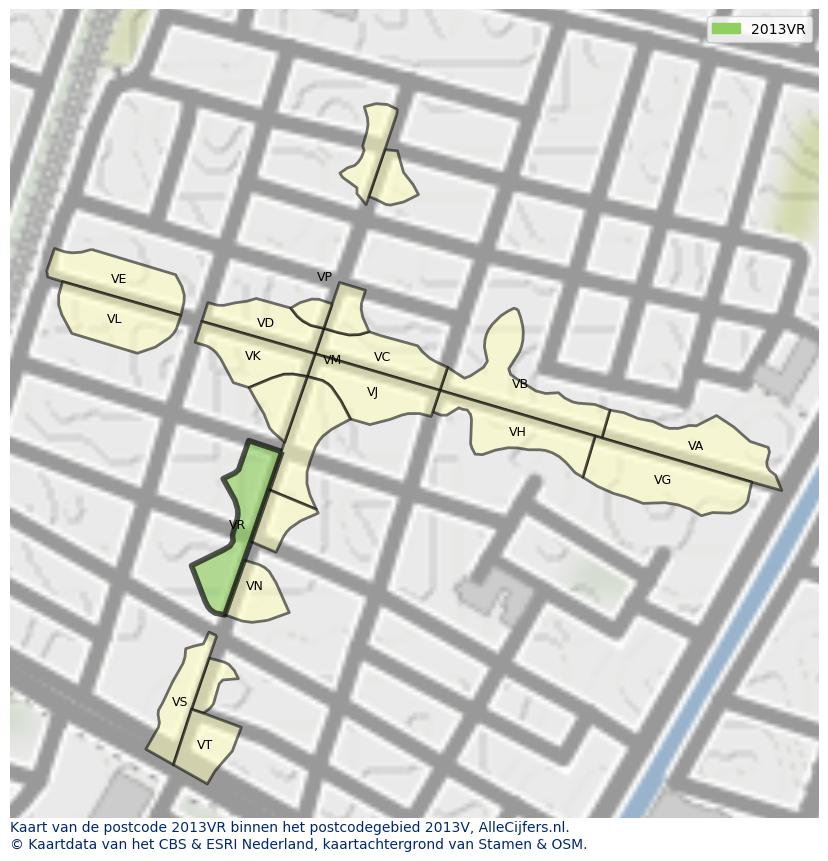 Afbeelding van het postcodegebied 2013 VR op de kaart.