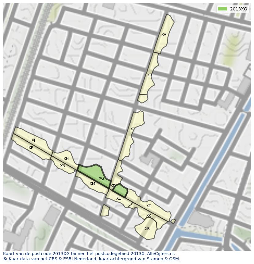 Afbeelding van het postcodegebied 2013 XG op de kaart.