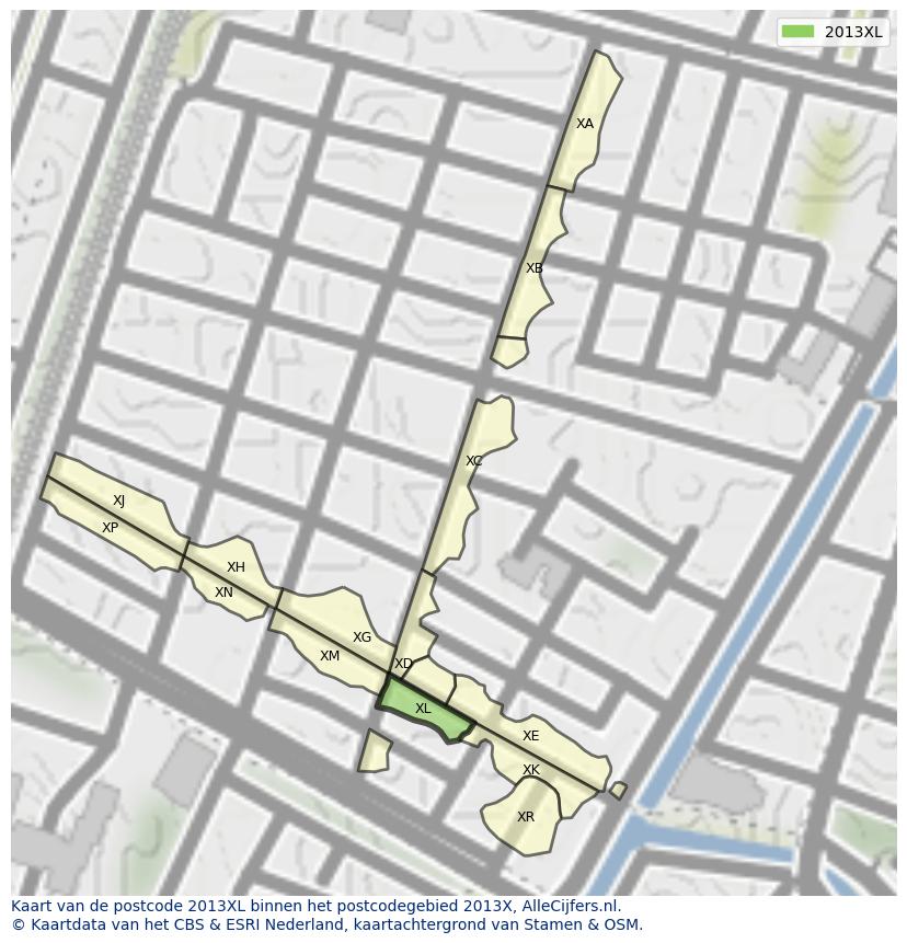 Afbeelding van het postcodegebied 2013 XL op de kaart.