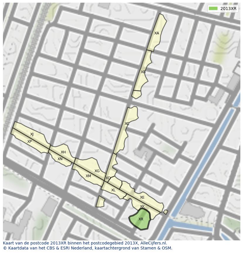 Afbeelding van het postcodegebied 2013 XR op de kaart.