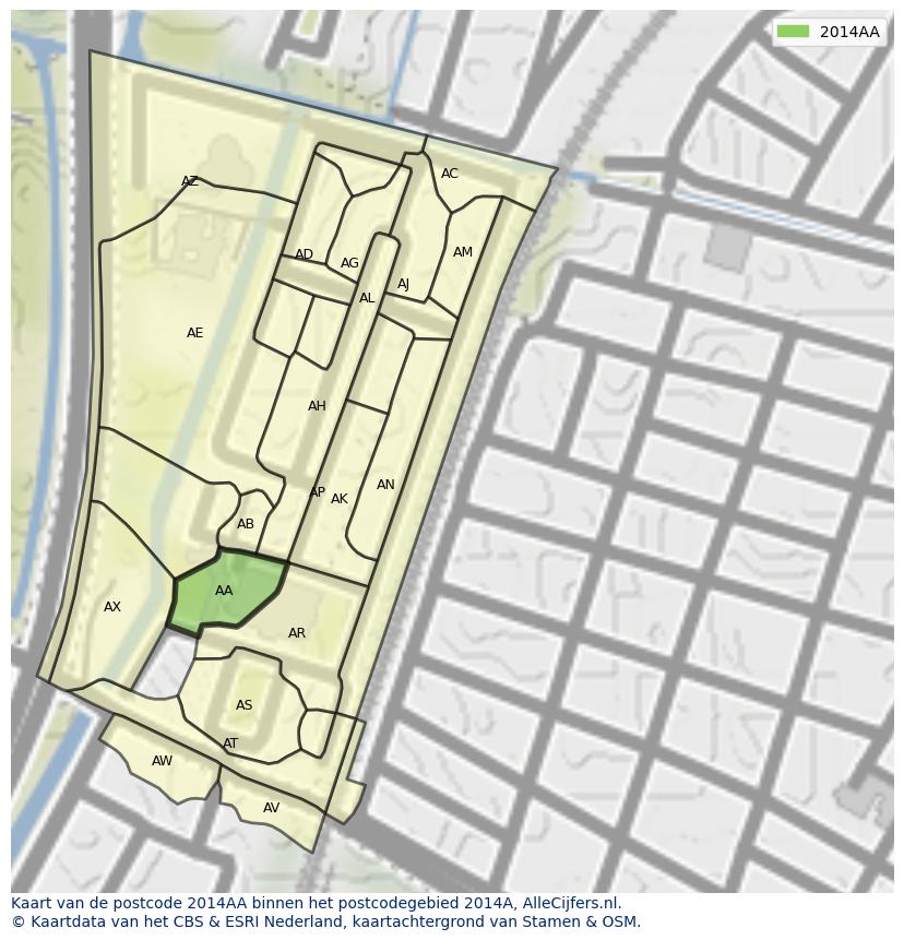 Afbeelding van het postcodegebied 2014 AA op de kaart.