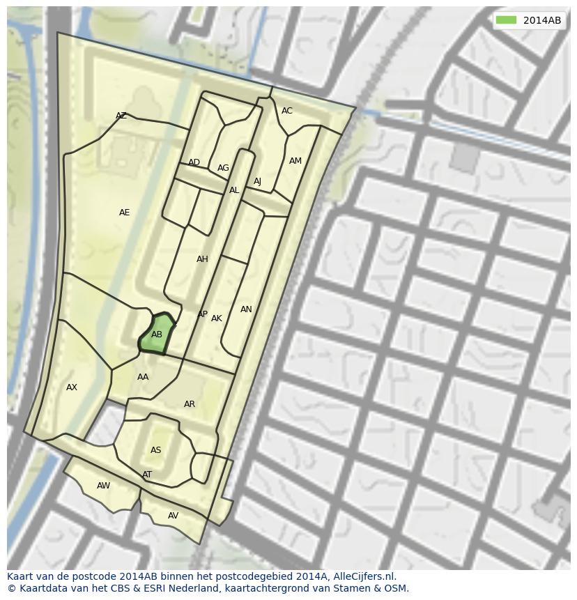 Afbeelding van het postcodegebied 2014 AB op de kaart.