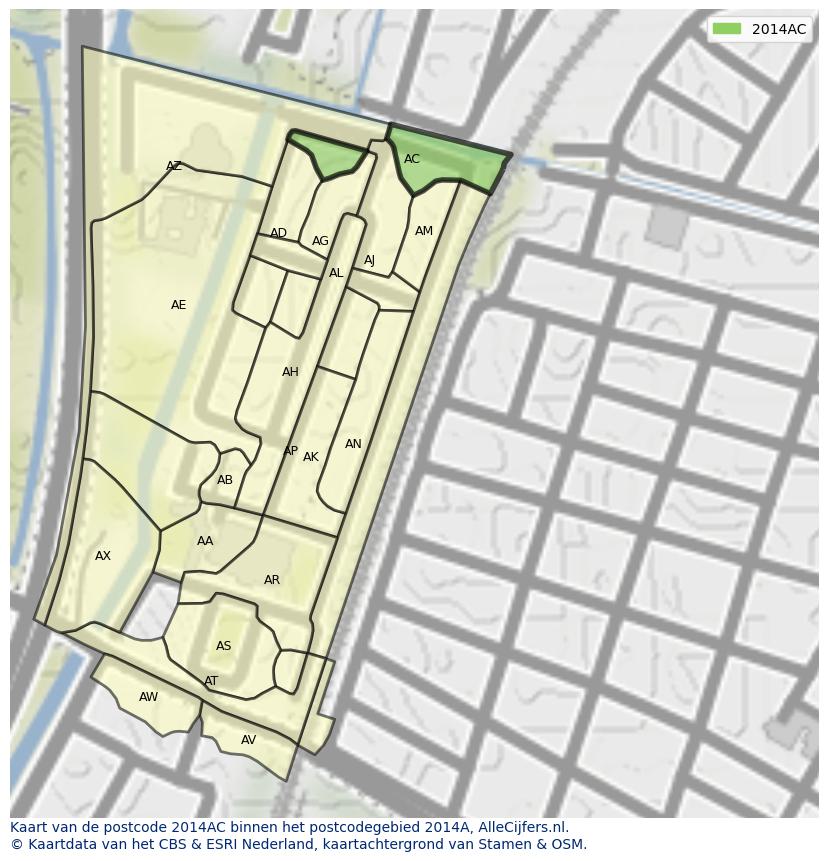 Afbeelding van het postcodegebied 2014 AC op de kaart.