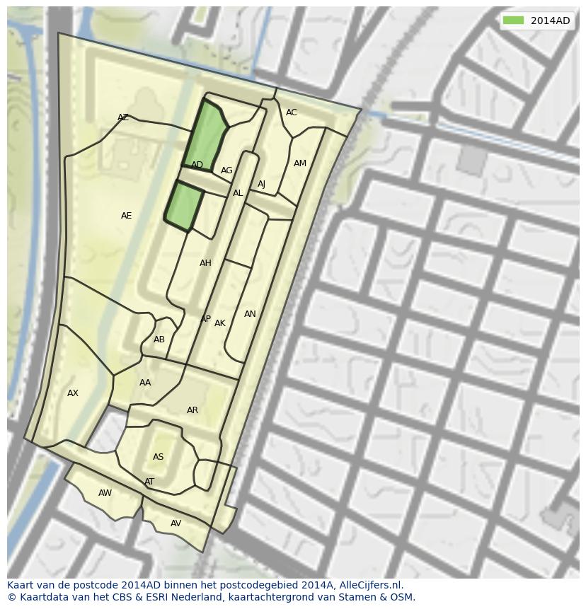 Afbeelding van het postcodegebied 2014 AD op de kaart.
