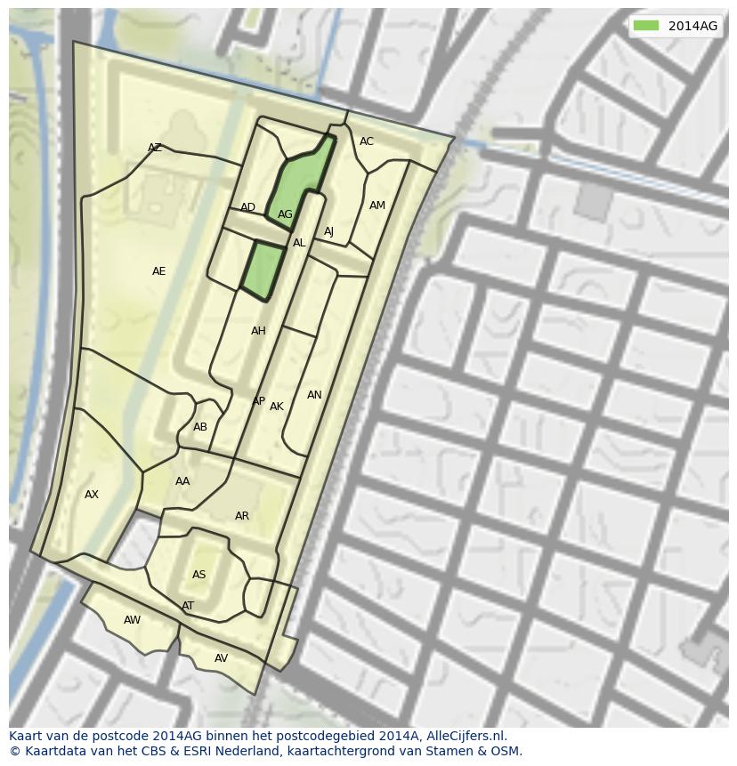 Afbeelding van het postcodegebied 2014 AG op de kaart.