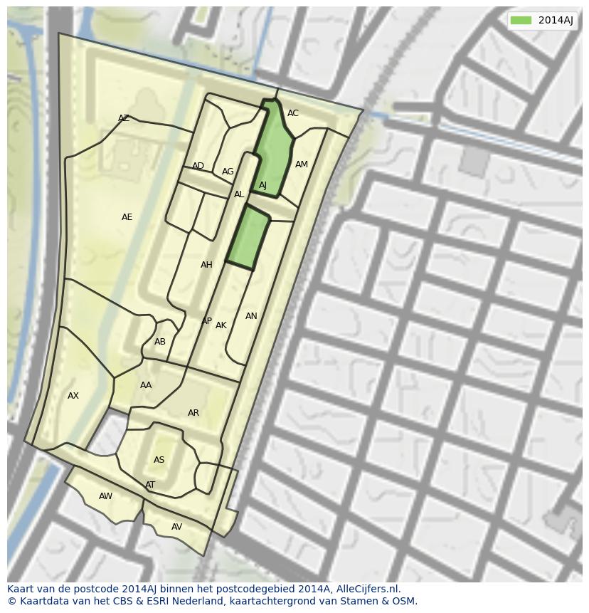 Afbeelding van het postcodegebied 2014 AJ op de kaart.
