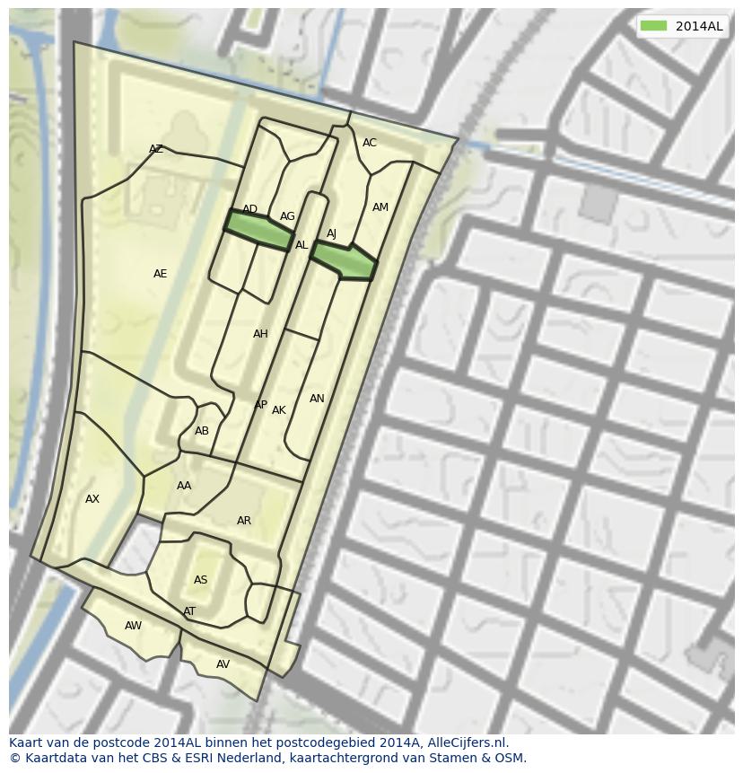 Afbeelding van het postcodegebied 2014 AL op de kaart.