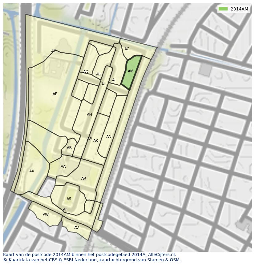 Afbeelding van het postcodegebied 2014 AM op de kaart.