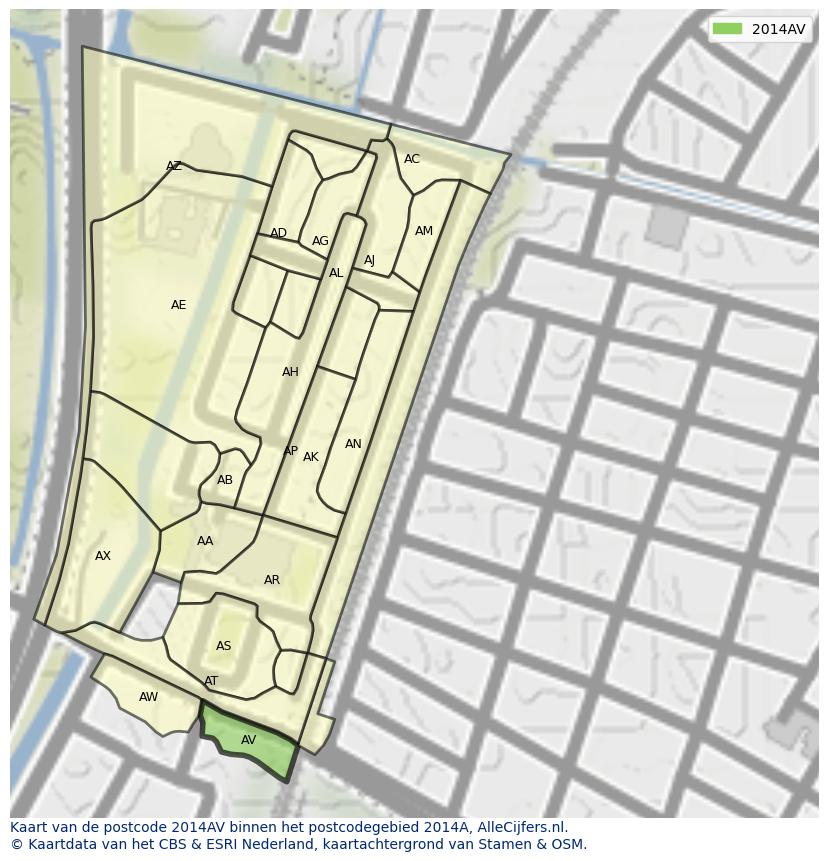 Afbeelding van het postcodegebied 2014 AV op de kaart.