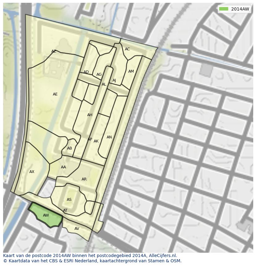 Afbeelding van het postcodegebied 2014 AW op de kaart.