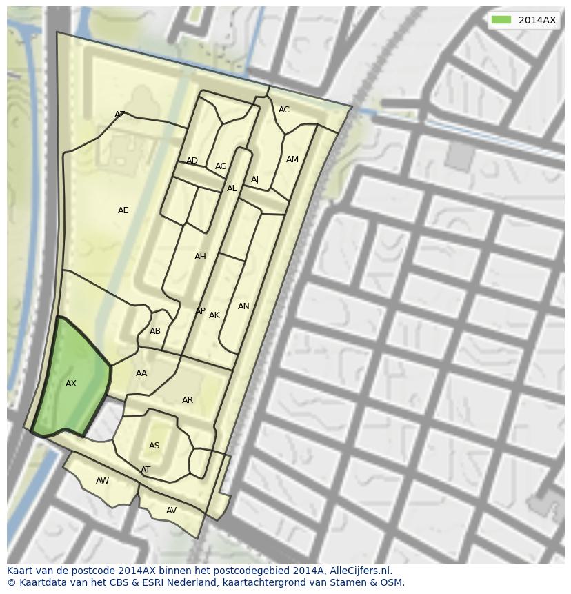 Afbeelding van het postcodegebied 2014 AX op de kaart.