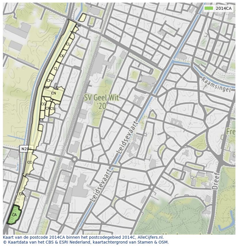 Afbeelding van het postcodegebied 2014 CA op de kaart.