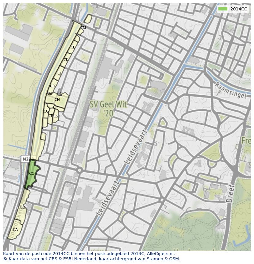Afbeelding van het postcodegebied 2014 CC op de kaart.