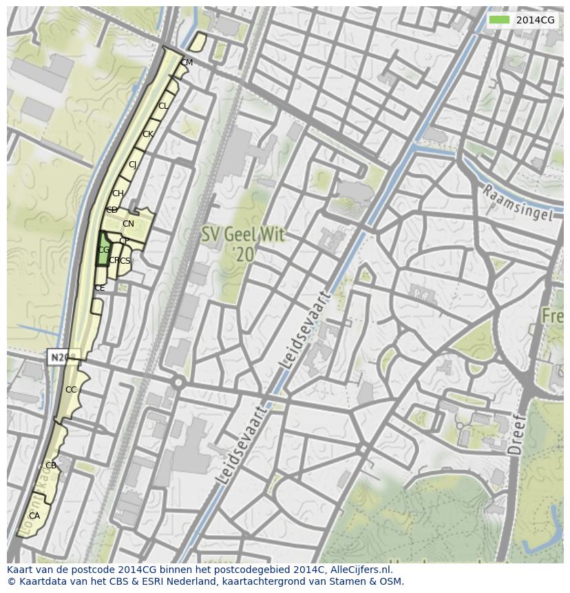 Afbeelding van het postcodegebied 2014 CG op de kaart.