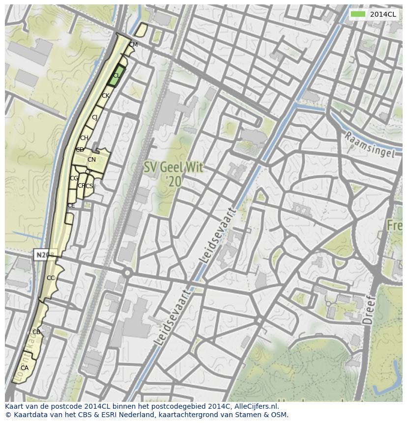 Afbeelding van het postcodegebied 2014 CL op de kaart.