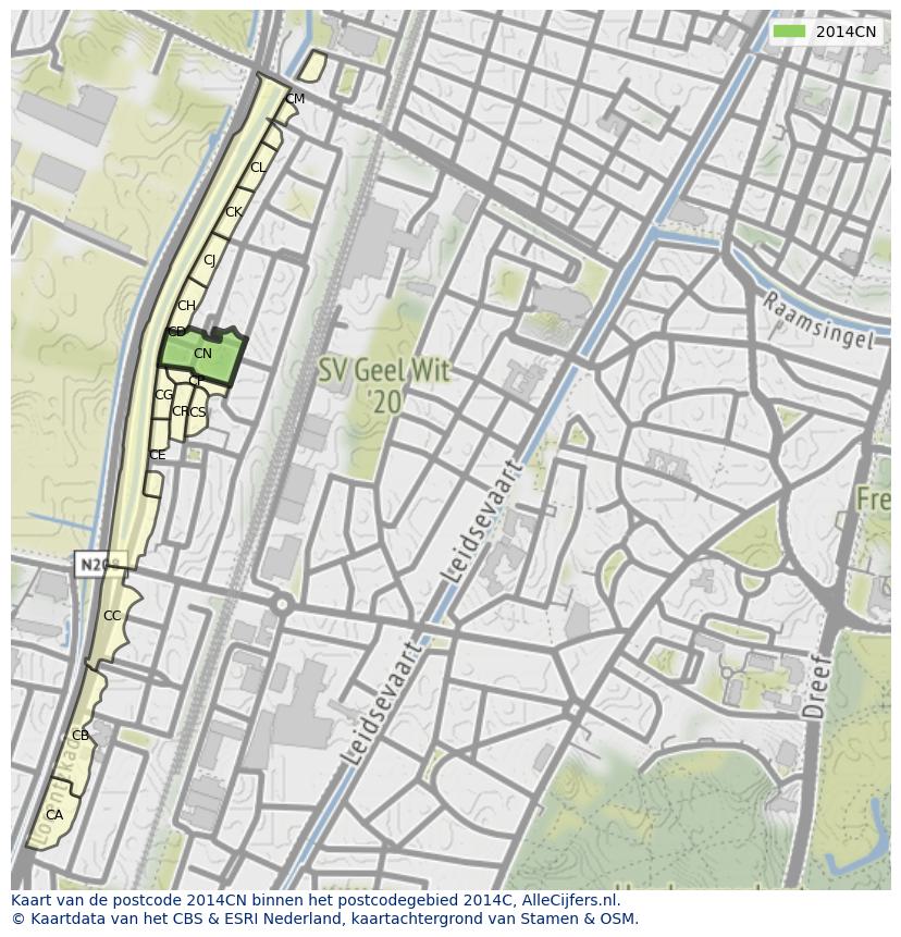 Afbeelding van het postcodegebied 2014 CN op de kaart.