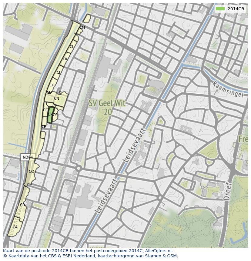 Afbeelding van het postcodegebied 2014 CR op de kaart.