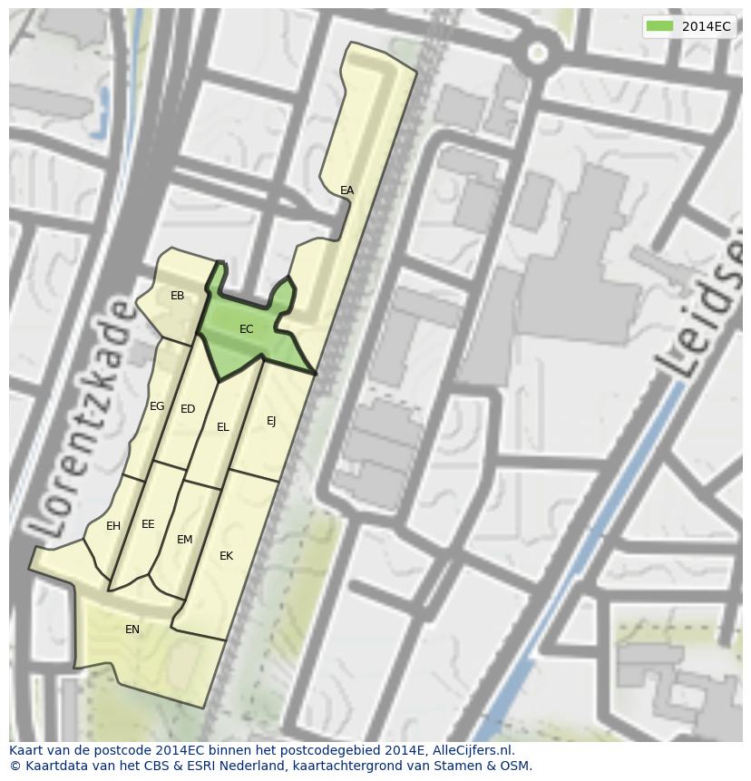 Afbeelding van het postcodegebied 2014 EC op de kaart.