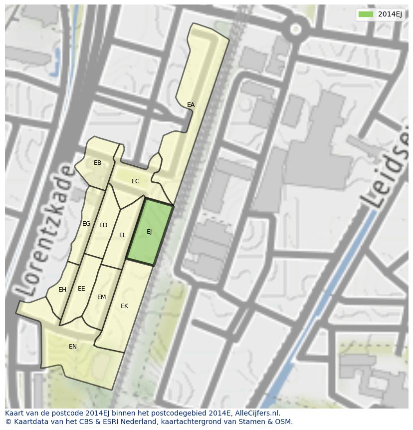 Afbeelding van het postcodegebied 2014 EJ op de kaart.