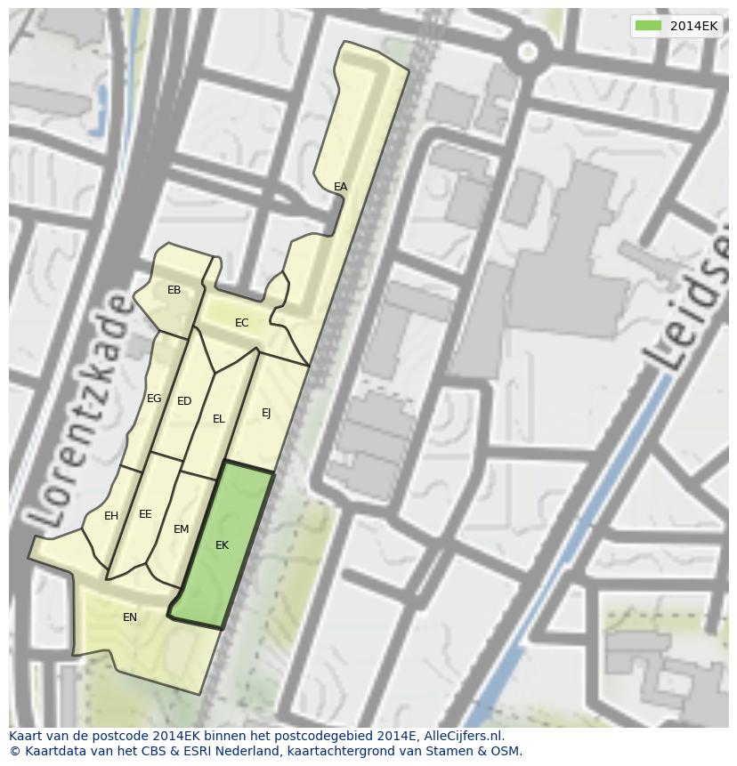 Afbeelding van het postcodegebied 2014 EK op de kaart.