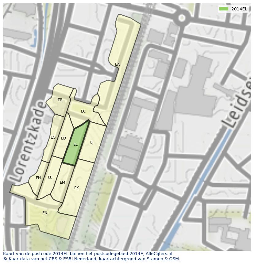 Afbeelding van het postcodegebied 2014 EL op de kaart.