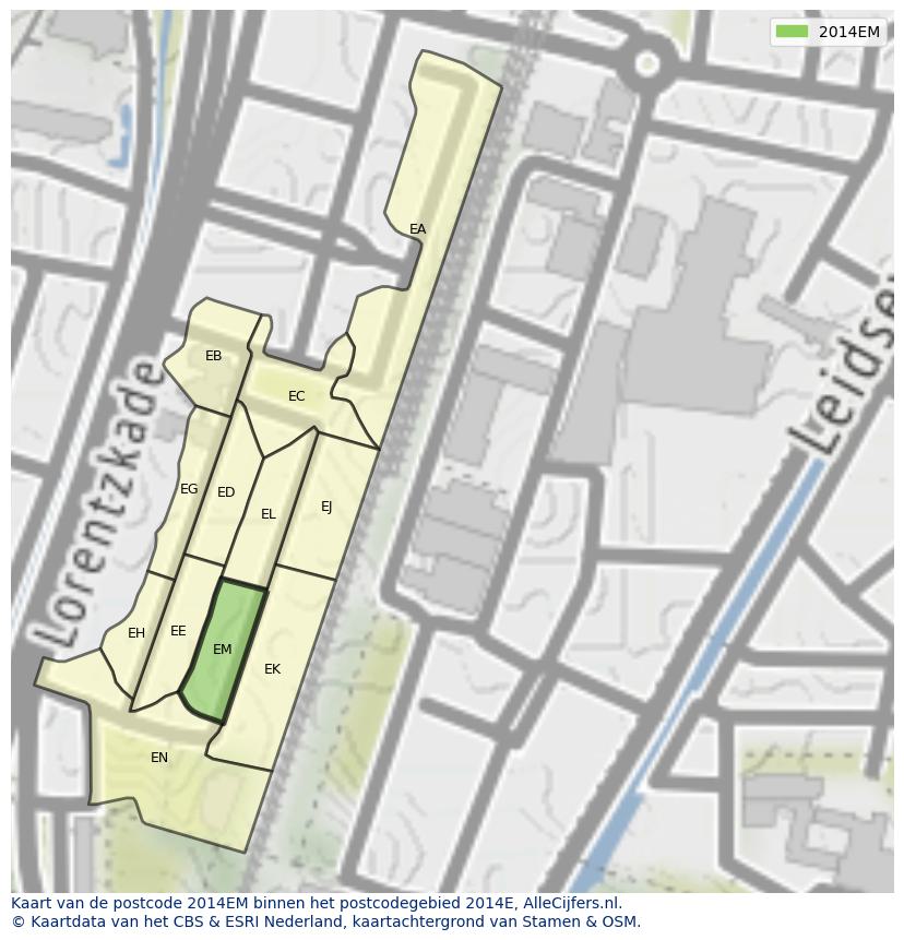 Afbeelding van het postcodegebied 2014 EM op de kaart.
