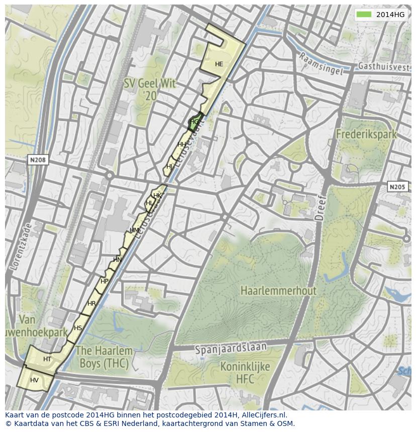 Afbeelding van het postcodegebied 2014 HG op de kaart.