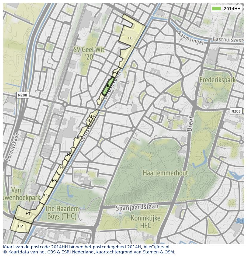Afbeelding van het postcodegebied 2014 HH op de kaart.