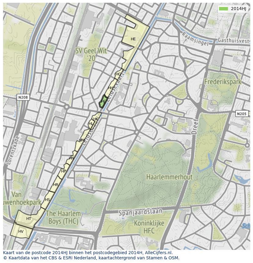 Afbeelding van het postcodegebied 2014 HJ op de kaart.