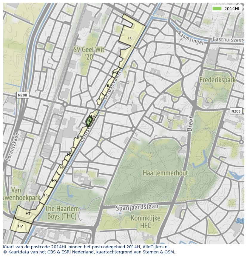 Afbeelding van het postcodegebied 2014 HL op de kaart.