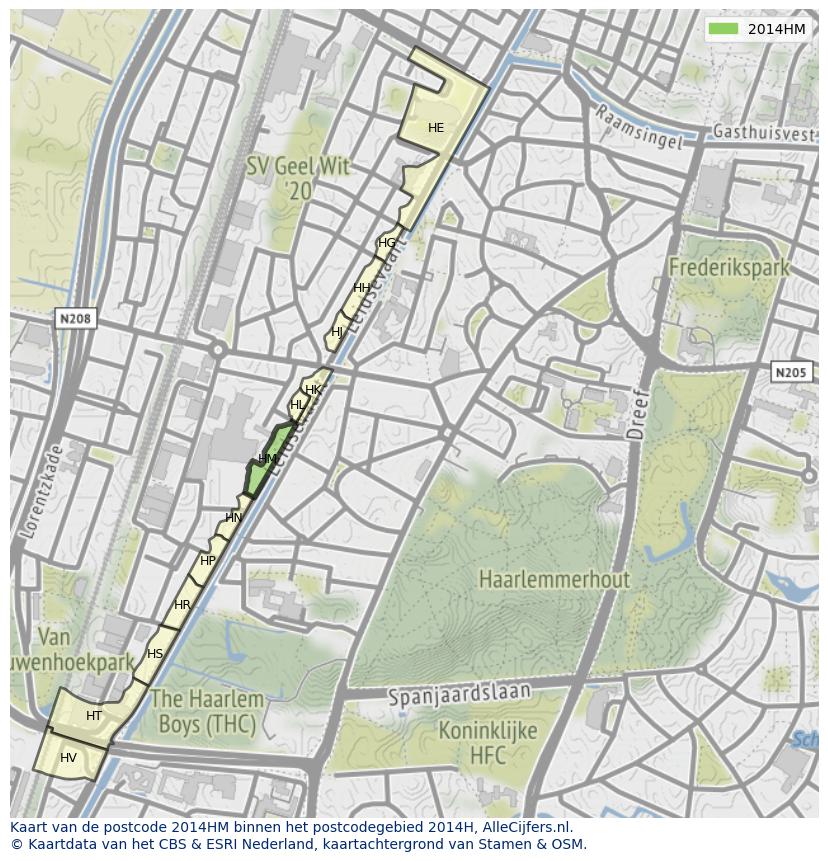 Afbeelding van het postcodegebied 2014 HM op de kaart.