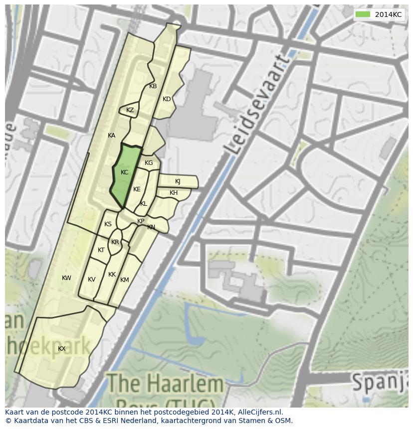 Afbeelding van het postcodegebied 2014 KC op de kaart.