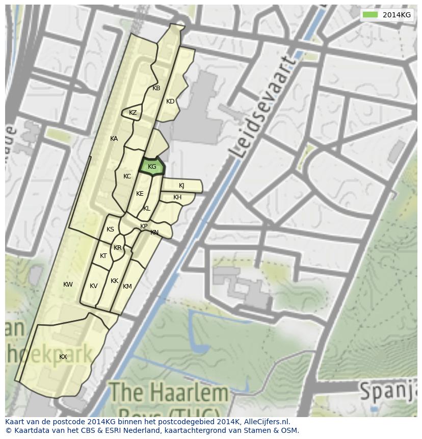 Afbeelding van het postcodegebied 2014 KG op de kaart.