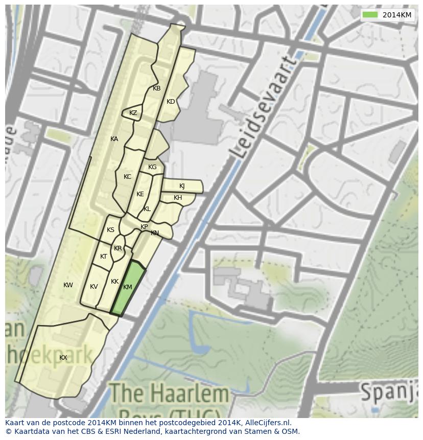 Afbeelding van het postcodegebied 2014 KM op de kaart.