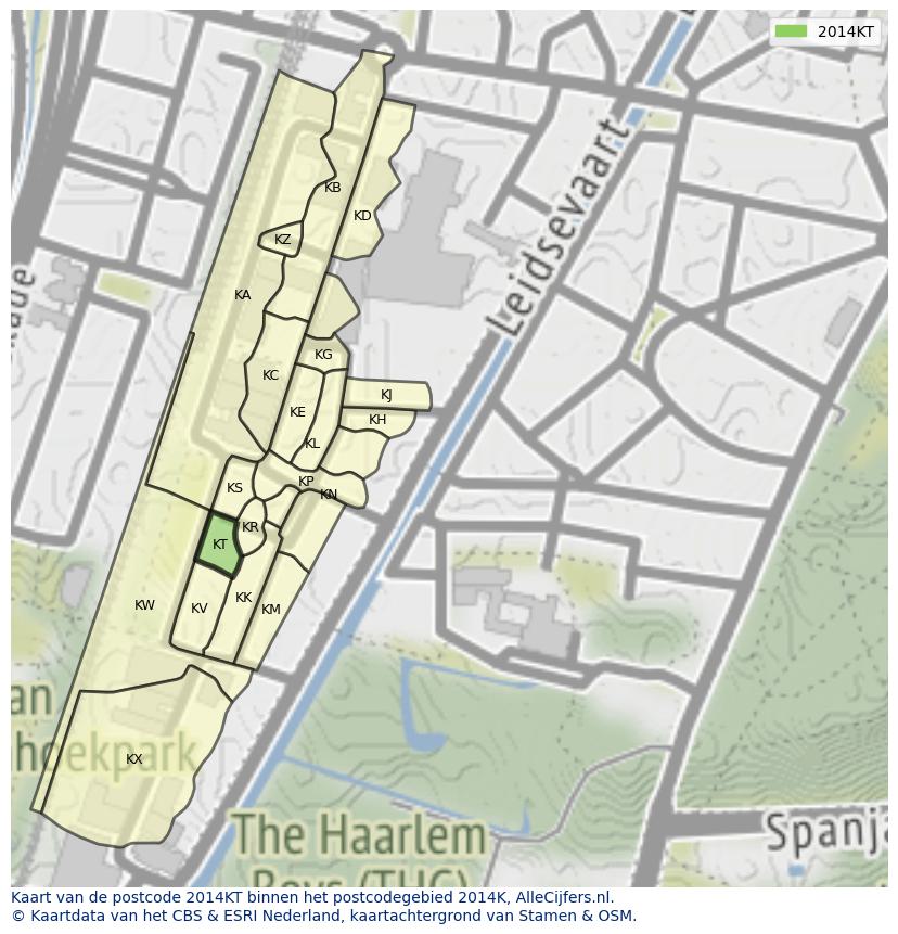 Afbeelding van het postcodegebied 2014 KT op de kaart.