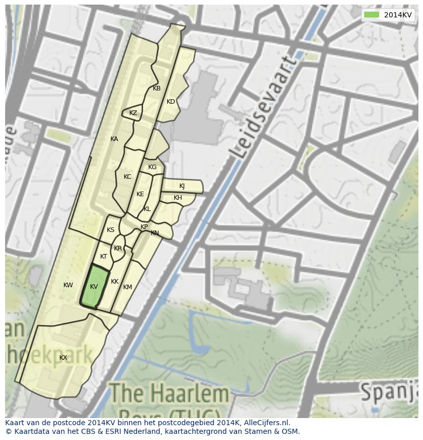 Afbeelding van het postcodegebied 2014 KV op de kaart.