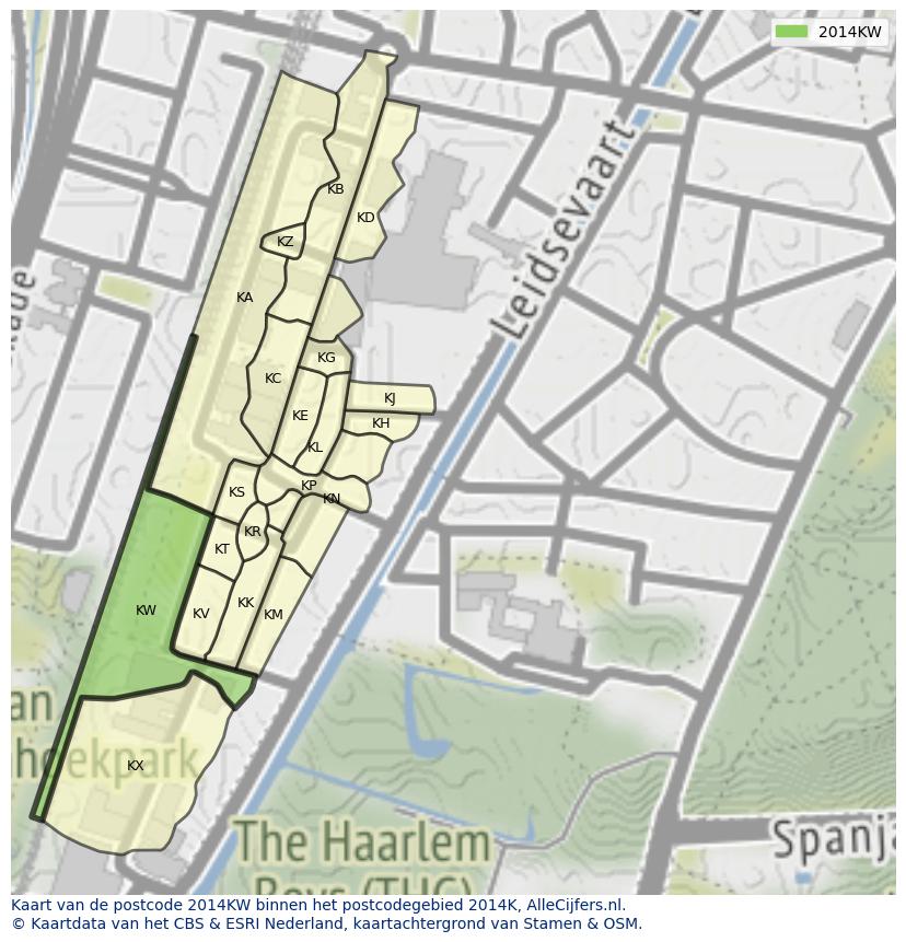 Afbeelding van het postcodegebied 2014 KW op de kaart.