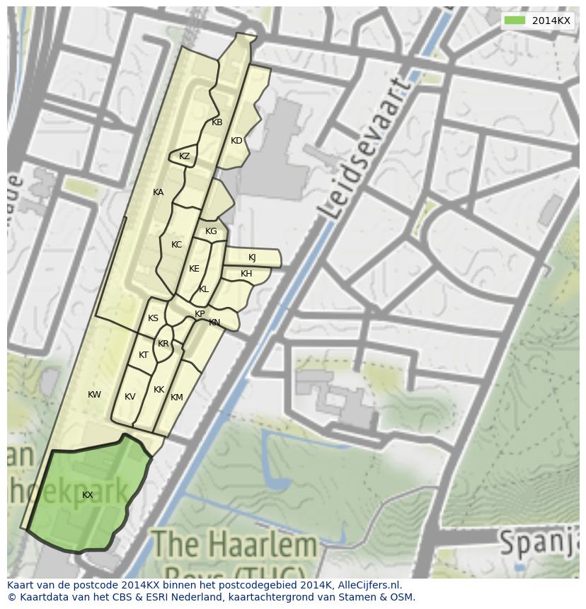 Afbeelding van het postcodegebied 2014 KX op de kaart.